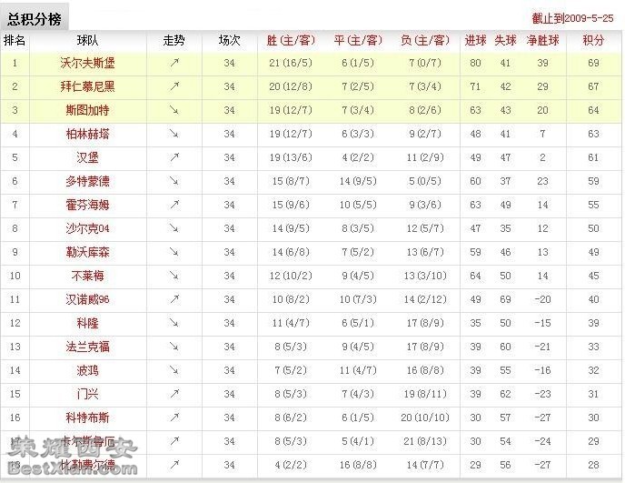 2008-2009赛季德国足球甲级联赛最终积分榜,